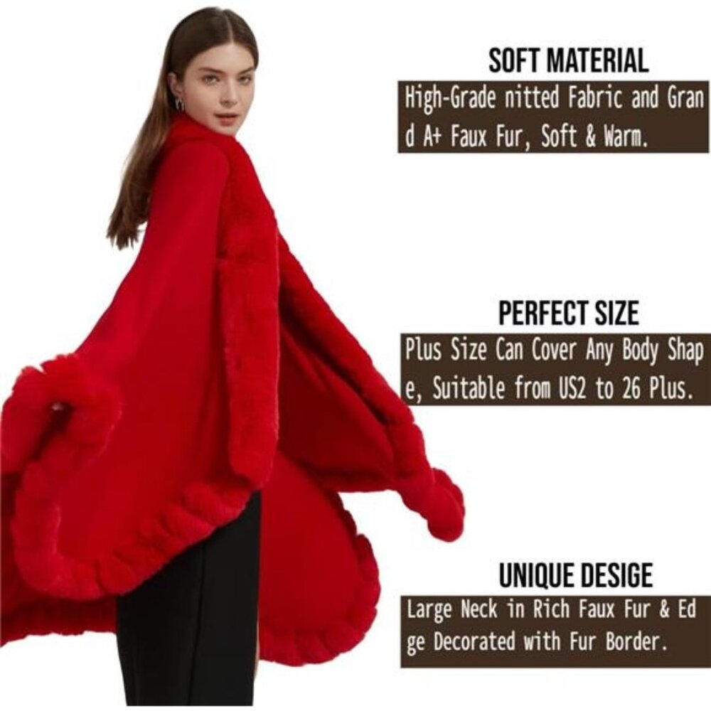 Cruelty Free FAUX FUR Lady in Red TRUE CRIMSON Cardigan Shawl Winter Cape - Picture 4 of 7